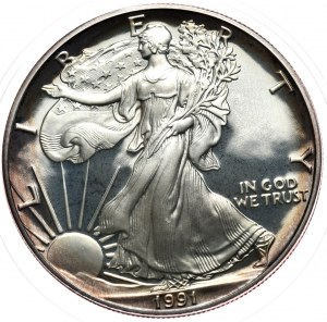 USA, 1 dolar, 1991, PROOF, 1 oz, ryzí stříbro,