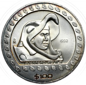 Mexiko, 100 dolarů 1992, aztécký bojovník, unce, 1 oz Ag 999