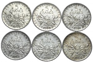 Francie, 5 franků 1960-1963, sekáč, sada 6 kusů