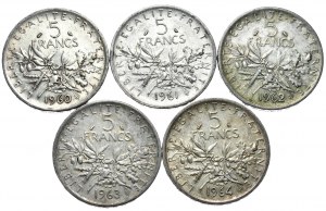 France, 5 francs 1960-1964, sower, set of 5 pieces