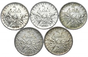 Francia, 5 franchi 1960-1964, seminatore, set di 5 pezzi