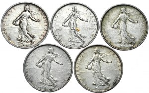 Francie, 5 franků 1960-1964, sekáč, sada 5 kusů