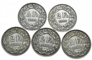 Svizzera, 2 franchi 1944-58, 5 pezzi.