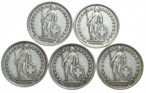 Switzerland, 2 Francs 1944-58, 5 pcs.
