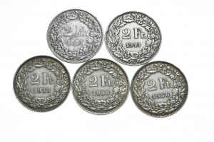 Switzerland, 2 Francs 1921-58, 5 pcs.