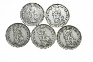 Svizzera, 2 franchi 1921-58, 5 pezzi.