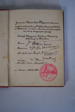 Citizen's Book Souvenir From School - to Jerzy-Ryszard Wyganowski in Rivne - 28.VI.1926