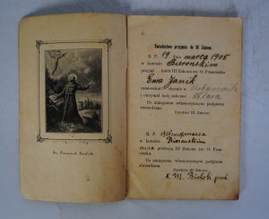 Explanation of the Rule and Certificate of Admission to the First Profession of the Brothers and Sisters of the Third Order of St. Fr. Francis Seraphim - Certificate of Admission to the Order Ewa Janik Urbanowitz (Urbanowice) - Krakow 1899.