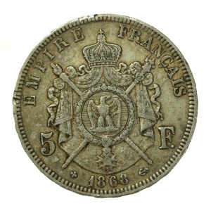 Francja, Napoleon III, 5 franków 1868 BB, Strasburg (228)