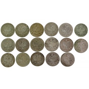 II RP, zestaw 5 złotych 1932 -1934 Głowa kobiety. Razem 17 szt. (322)