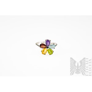 Ring in Flower Form with Natural Amethyst, Peridot, Garnet, Citrine and Aquamarine, 925 Silver