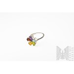 Ring in Flower Form with Natural Amethyst, Peridot, Garnet, Citrine and Aquamarine, 925 Silver