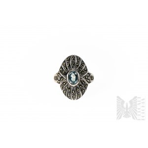 Ring mit natürlichem himmelblauem Topas und Markasiten, 925 Silber