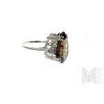 Pierścionek z Naturalnym Kwarcem Dymnym 14.37 ct i 12 Białymi Topazami 0.22 ct,, Srebro 925, Posiada Certyfikat Gemporia