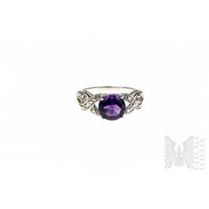 Ring with Natural Amethyst 2.45 ct and 12 White Topazes 0.06 ct, Silver 925, Has Gemporia Certificate
