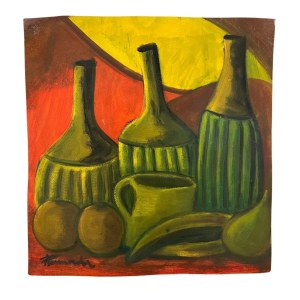 A. PANNOCCHIA, Oil painting on cardboard depicting Flasks and Fruit.