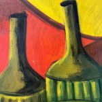 A. PANNOCCHIA, Oil painting on cardboard depicting Flasks and Fruit.