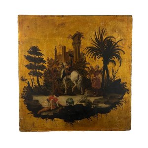 ANONIMO, knights on horseback with ruins, an Indian character, and a world map.