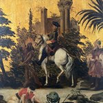 ANONIMO, knights on horseback with ruins, an Indian character, and a world map.