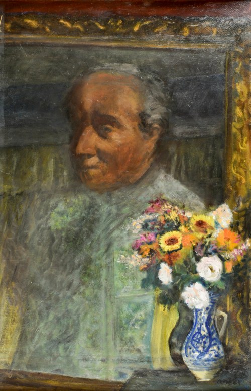 Irena WEISS - ANERI (1888-1981), Martwa natura z portretem W. Weissa i kwiatami, po 1950