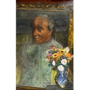 Irena WEISS - ANERI (1888-1981), Stilleben mit Porträt von W. Weiss und Blumen, nach 1950