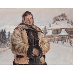 Władysław Jarocki (1879 Podhajczyki - 1965 Kraków), Portrait of a highlander woman against the background of a cottage, 1937