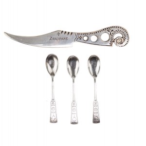 First National Plated, Silver and Metalware Factory of M. Jarra, Krakow, Poland, Paper knife and three dessert spoons, early 20th century.