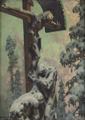 Marian Mróz (1908 Dąbrówka Tuchowska - 1967 ), Przydrożny krzyż zimą, 1956