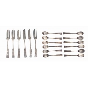 First Domestic Factory of Plated, Silver and Metal Products M. Jarra, Cracow, Poland, Set of twelve spoons and six pastry forks in the Zakopane style, early 20th century.