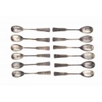 First Domestic Factory of Plated, Silver and Metal Products M. Jarra, Cracow, Poland, Set of twelve spoons and six pastry forks in the Zakopane style, early 20th century.