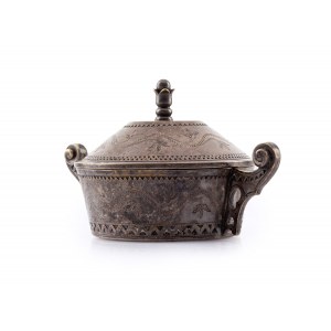 First National Plated, Silver and Metal Works Factory of M. Jarra, Cracow, Poland, Round sugar bowl with lid in Zakopane style, (661), early 20th century.