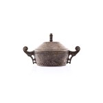 First National Plated, Silver and Metal Works Factory of M. Jarra, Cracow, Poland, Round sugar bowl with lid in Zakopane style, (661), early 20th century.