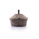 First National Plated, Silver and Metal Works Factory of M. Jarra, Cracow, Poland, Round sugar bowl with lid in Zakopane style, (661), early 20th century.