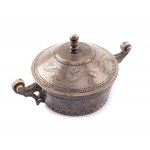 First National Plated, Silver and Metal Works Factory of M. Jarra, Cracow, Poland, Round sugar bowl with lid in Zakopane style, (661), early 20th century.
