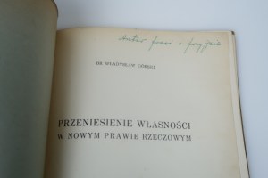 GÓRSKI WŁADYSŁAW dr Transfer of ownership in the new substantive law [1949] [autograph].