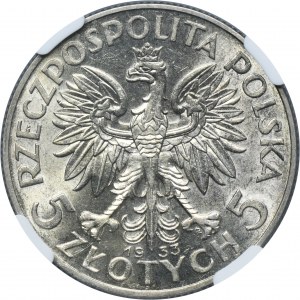 Hlava ženy, 5 zlotých Varšava 1933 - NGC AU58