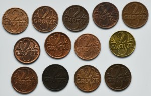 Set, Second Republic, 2 pennies 1923-1939 (13 pieces).