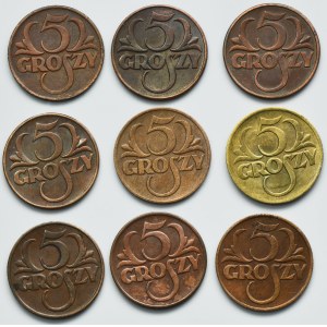 Set, Second Republic, 5 pennies 1923-1939 (9 pieces).
