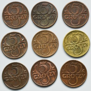 Set, Seconda Repubblica, 5 centesimi 1923-1939 (9 pezzi)