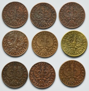Set, Second Republic, 5 pennies 1923-1939 (9 pieces).