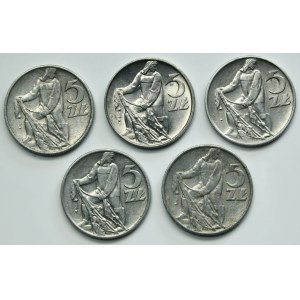 Set, PRL, 5 zloty 1959-1974 Pescatore (5 pezzi)