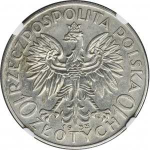 Testa di donna, 10 zloty Varsavia 1933 - DETTAGLI NGC UNC
