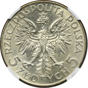 Tête de femme, 5 zlotys Varsovie 1934 - NGC UNC DETAILS