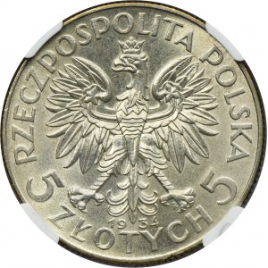 Testa di donna, 5 zloty Varsavia 1934 - DETTAGLI NGC UNC