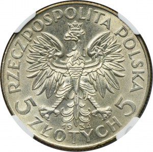 Głowa Kobiety, 5 złotych Warszawa 1934 - NGC UNC DETAILS