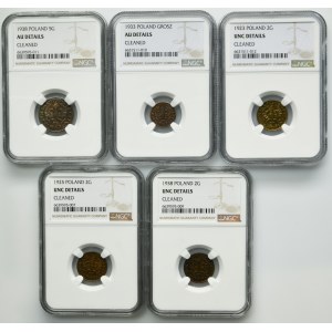 Zestaw, II RP, 1-5 groszy 1923-1938 (5 szt.) - NGC AU/UNC DETAILS