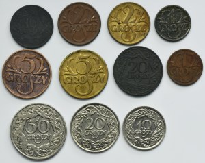 Set, Second Republic and General Government, 1-50 pennies 1923-1939 (11 pieces).