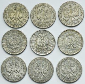 Sada, II RP, 5 zlatých 1932-1938 (9 ks)