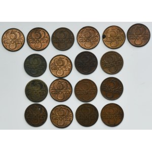 Set, Second Republic, 5 pennies 1923-1939 (18 pieces).