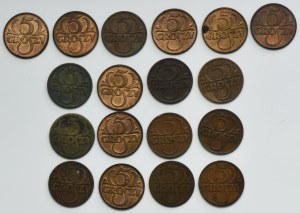 Set, Second Republic, 5 pennies 1923-1939 (18 pieces).